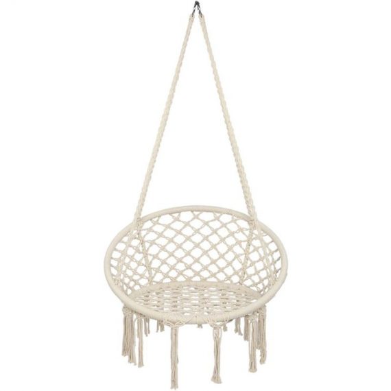 Round swing hanging chair outdoor cotton rope tassel macrame hammock swing seat garden courtyard seaside Beige - Beige 03uk63033750 5704142167007