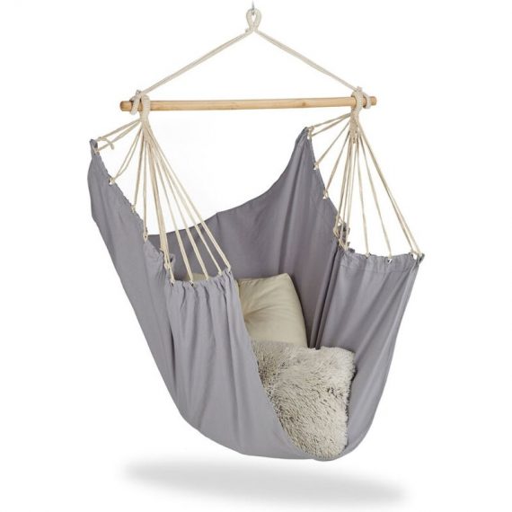 Hanging Chair. Modern Cotton Swing Seat, For Adults & Children, In- & Outdoor Use, Max. 150 Kg, Grey - Relaxdays 10023675_111_GB 4052025946838