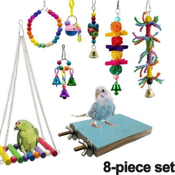 Devenirriche - 8Pcs Bird Parrot Toys, Natural Wood Bird Swing Climbing Chewing Standing Hanging Perch Hammock Rope Ladder Bell Bird Cage Toys for Mano-ZQUK-7203 6273997066654