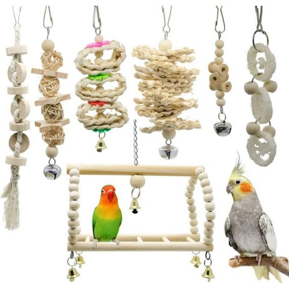 7 Pcs Bird Toys Set Hanging Swing hammock Bell Chain Perched Chewing Toys for Parrot Macaw African Grey Budgie Parakeet Cockatiels - Litzee LIA04948 9471665682466