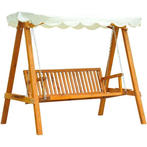 Swing Chair 3 Seater Swinging Wooden Hammock Garden Seat Outdoor Canopy - Cream - Outsunny 5060265999247 5060265999247