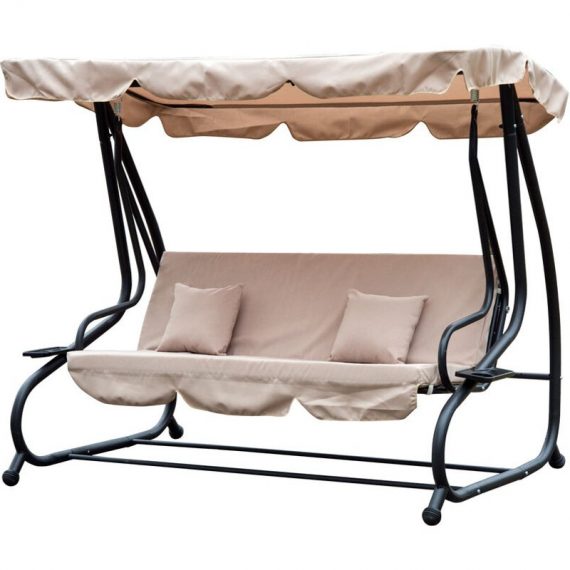 2-in-1 Garden Swing Chair for 3 Person w/ Adjustable Canopy Light Brown - Brown - Outsunny 5055974885653 5055974885653