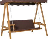 Outsunny 3 Seater Outdoor Garden Swing Chair with Adjustable Canopy, Wooden Hammock Bench with  Padded Cushions for Patio Yard, Brown 84A-152V70 5056399145261