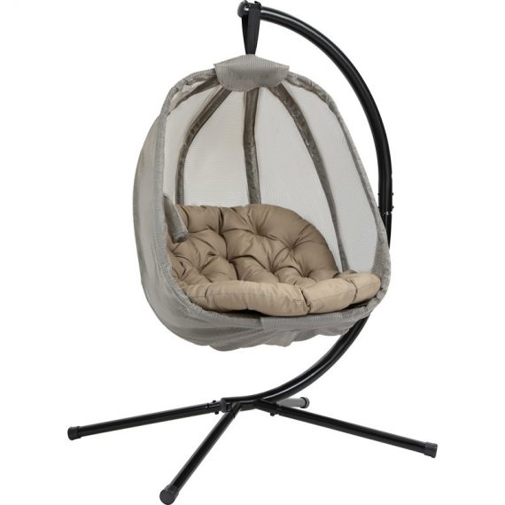 Outsunny Hanging Egg Chair, Folding Swing Hammock with Cushion and Stand for Indoor Outdoor, Patio Garden Furniture, Khaki 84A-207V70 5056534575656