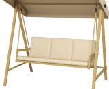 Outsunny 3 Seater Garden Swing Chair, Outdoor Hammock Bench with Adjustable Canopy, Removable Cushions and Steel Frame, Beige 84A-307V70BG 5056725394837
