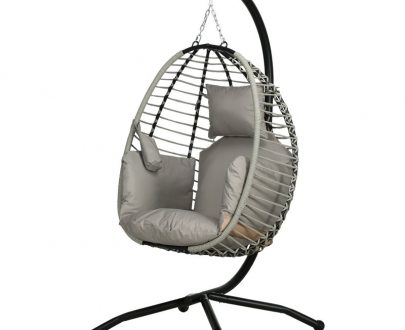 Outsunny Outdoor Swing Chair with Thick Padded Cushion, Patio Hanging Chair with Metal Stand, Foldable Basket, Cup Holder, Rope Structure, for Indoor & Outdoor, Grey 84A-304V70GY 5056725378042
