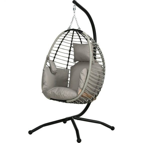 Outsunny Outdoor Swing Chair with Thick Padded Cushion, Patio Hanging Chair with Metal Stand, Foldable Basket, Cup Holder, Rope Structure, for Indoor & Outdoor, Grey 84A-304V70GY 5056725378042