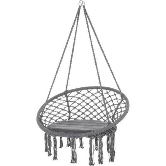 Outsunny Cotton-Polyester Blend Macrame Hanging Chair Swing Hammock for Indoor & Outdoor Use with Backrest, Fringe Tassels, Grey 84A-194V70 5056399146336